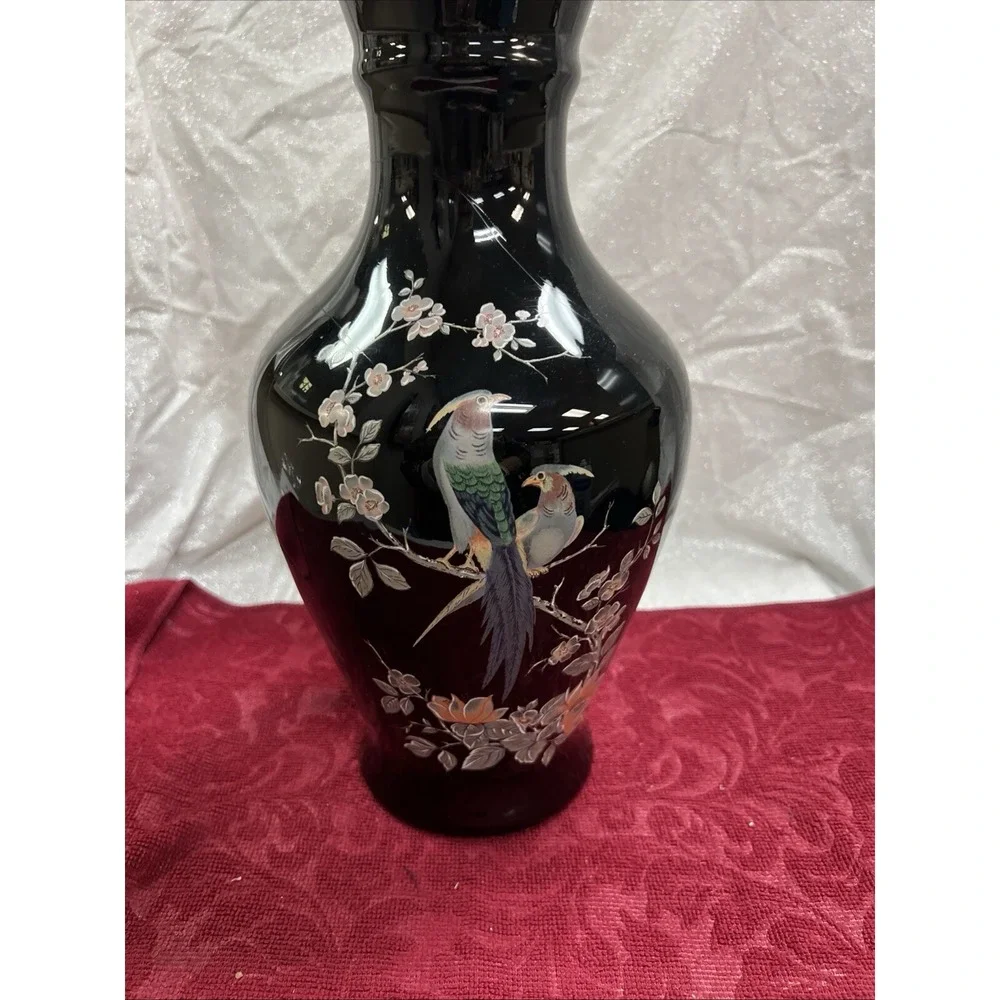 Vintage Japan Black Vase Gold Trim Pheasant Bird Flowers Bud Vase 3.5 Inches1478
